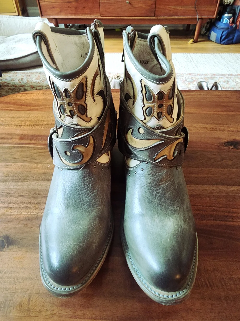 freebird Tash Three-Tone Blue, Brown and Cream Leather Western Ankle Boots